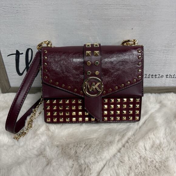 MICHAEL KORS Greenwich Studded Leather Shoulder Bag Burgundy Dark Berry - Picture 1 of 13